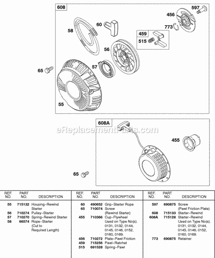 Rewind Starters Diagram and Parts List for 138432-0188-B1  Briggs and Stratton Engine